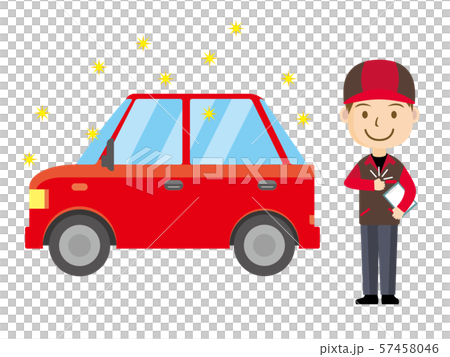 車と整備士のイラスト 男性 作業服 点検 整備 洗車のイメージ 乗用車のイラスト素材