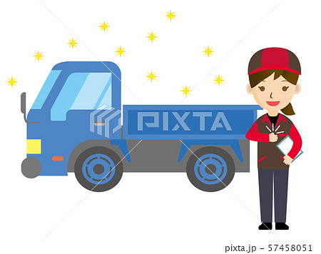 車と整備士のイラスト 女性 作業服 点検 整備 洗車のイメージ トラックのイラスト素材