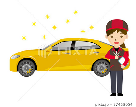 車と整備士のイラスト（女性・作業服）｜点検・整備・洗車のイメージ｜高級セダン 57458054