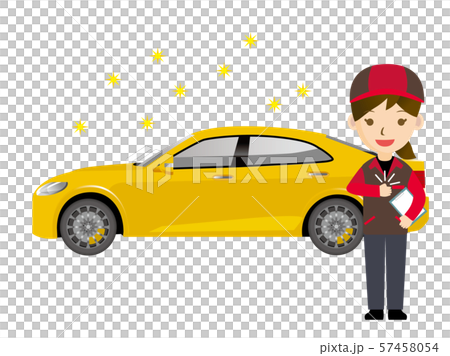 車と整備士のイラスト（女性・作業服）｜点検・整備・洗車のイメージ｜高級セダン 57458054