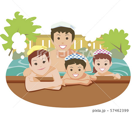 温泉に入浴する家族のイラスト素材