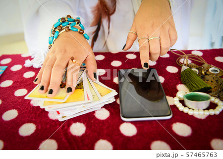 Fortune teller reading fortune lines on screen Fortune teller reading fortune lines on screen 57465763