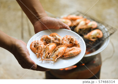 hand holding shrimp grilled prawns cooked in the hand holding shrimp grilled prawns cooked in the 57466314