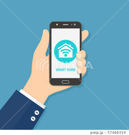 Hand holding mobile smart phone with smart home application on the screen 57466354