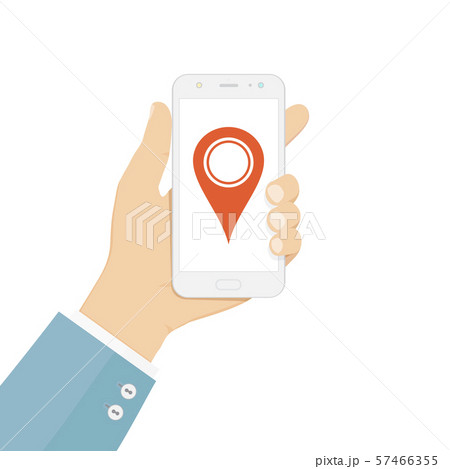 Hand holding white smartphone with map point. Mobile navigation concept 57466355