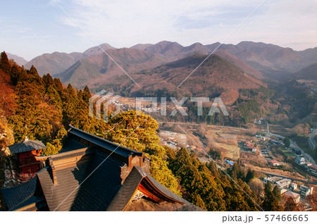 Kaisando hall roof and village view at Yamadera 57466665