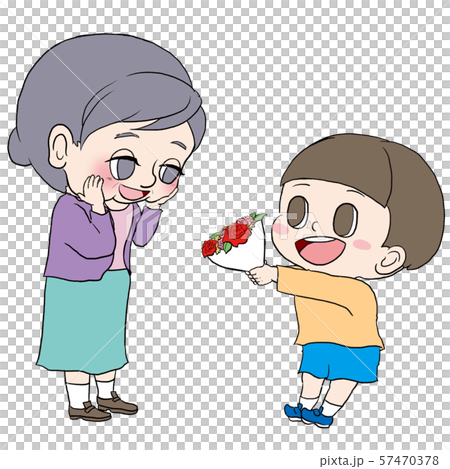 おばあさんに花束を渡す子どものイラスト素材