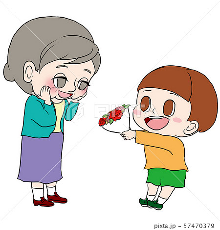 おばあさんに花束を渡す子どものイラスト素材