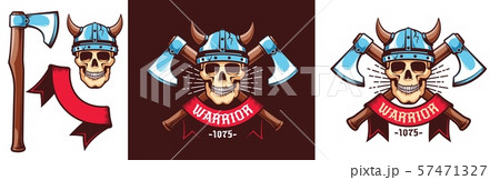 Warrior logo with skull in Viking helmet and crossed battle axes 57471327