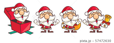 Merry Christmas. Cartoon Christmas Santa Claus set. Pop out from gift box, carries gift bag, holds Christmas bell - vector characters Merry Christmas. Cartoon Christmas Santa Claus set. Pop out from gift box, carries gift bag, holds Christmas bell - vector characters 57472630