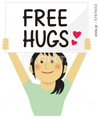Free Hugs フリーハグ ボードを掲げた若い女性イラスト 上半身 のイラスト素材
