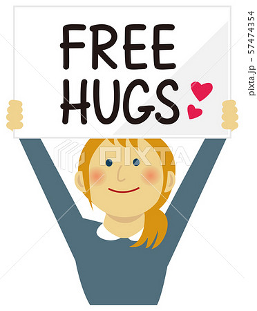 FREE HUGS (フリーハグ) / ボードを掲げた若い女性イラスト（上半身 ...