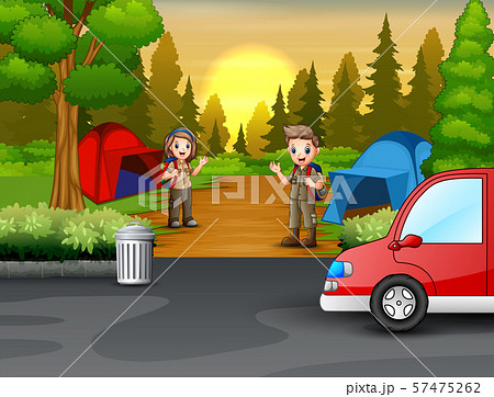 Young scout in the camping zone scene Young scout in the camping zone scene 57475262