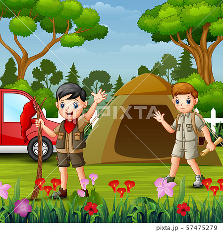 Summer camping with the scout boys and red car Summer camping with the scout boys and red car 57475279