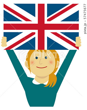 人種と国旗 国旗を掲げた若い女性 上半身イラスト イギリスの
