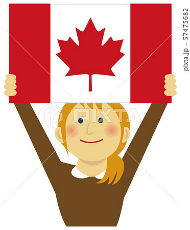 人種と国旗 国旗を掲げた若い女性 上半身イラスト カナダのイラスト素材