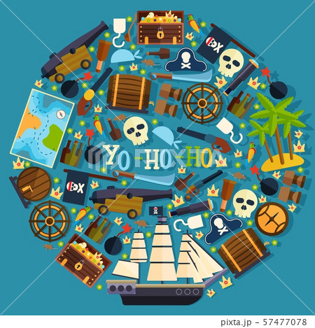 Pirate symbols and attributes in round frame composition vector illustration. Flat icons of piracy 57477078