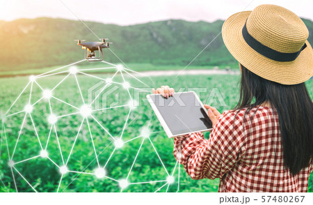 Tablet in the hands of farmers technology drones to control agricultural products 57480267