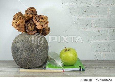 Back to school concept with notebook and quill pen Back to school concept with notebook and quill pen 57480628