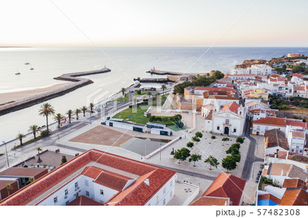 Aerial drone view of central part and marina of Lagos, Algarve, Portugal at morning 57482308