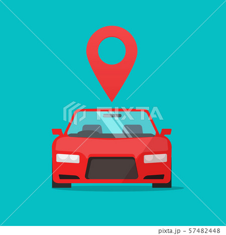 Automobile with map pointer vector sign, flat cartoon car or auto with location pin, concept of rent 57482448