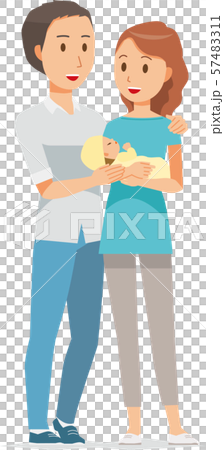 若い夫婦と新生児 57483311