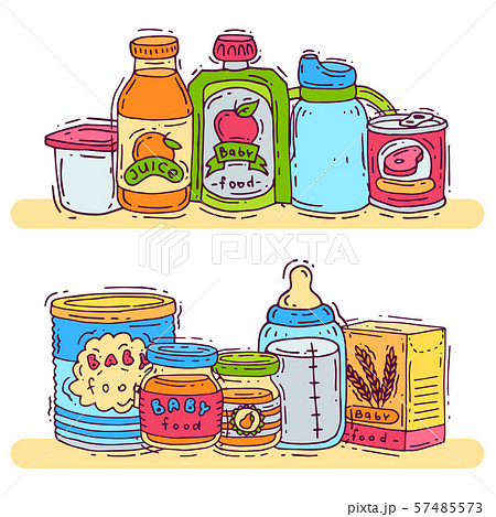 Baby complementary food vector illustration. First meal for babies is standing on shelves. Baby Baby complementary food vector illustration. First meal for babies is standing on shelves. Baby 57485573