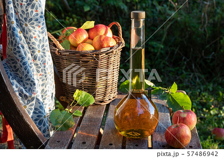 Apple cider vinegar with fresh apples, outdoors 57486942