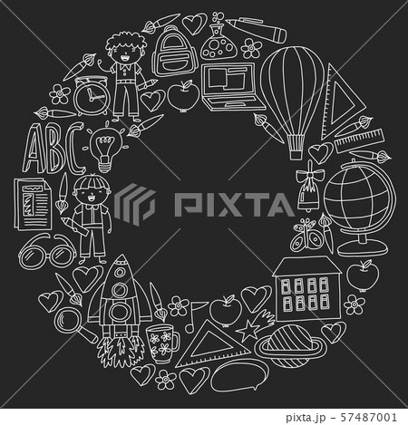 Vector set of back to school icons in doodle style. Chalked drawing on a school blackboard. Vector set of back to school icons in doodle style. Chalked drawing on a school blackboard. 57487001