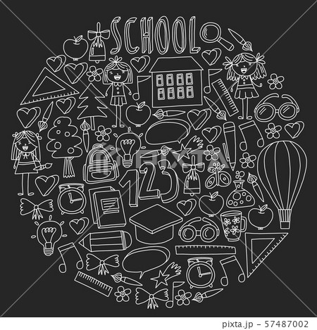 Vector set of back to school icons in doodle style. Chalked drawing on a school blackboard. Vector set of back to school icons in doodle style. Chalked drawing on a school blackboard. 57487002