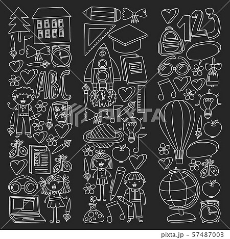 Vector set of back to school icons in doodle style. Chalked drawing on a school blackboard. Vector set of back to school icons in doodle style. Chalked drawing on a school blackboard. 57487003