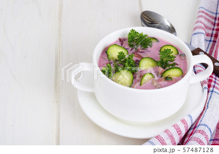Cold beet soup with cucumbers. Studio Photo 57487128