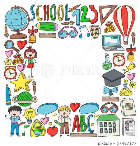 Vector set of Back to School icons in doodle style. Painted, colorful, pictures on a piece of paper Vector set of Back to School icons in doodle style. Painted, colorful, pictures on a piece of paper 57487177