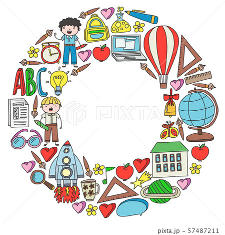 Vector set of Back to School icons in doodle style. Painted, colorful, pictures on a piece of paper Vector set of Back to School icons in doodle style. Painted, colorful, pictures on a piece of paper 57487211