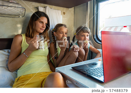 Mom drinks tea, children eat ice cream on a train, Mom drinks tea, children eat ice cream on a train, 57488379