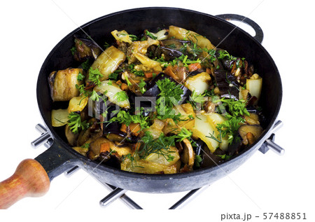 Vegetable stew pan saute isolated on white 57488851