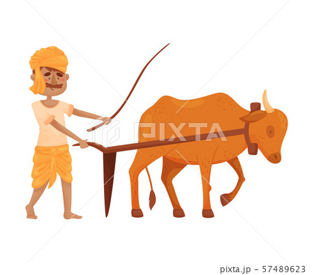 Man in Indian clothing plows the earth with an ox. Vector illustration. 57489623
