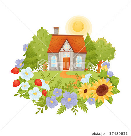 Rustic gray house with a brown roof. Vector illustration. 57489631