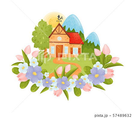 Village house with a red roof. Vector illustration. 57489632