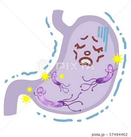 ピロリ菌に攻撃されて弱る胃 キャラクターイラストのイラスト素材
