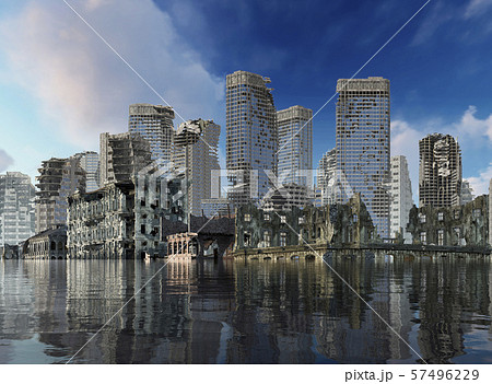 Global Warming Ruins of a city apocalyptic landscape 3d illustration concept Global Warming Ruins of a city apocalyptic landscape 3d illustration concept 57496229