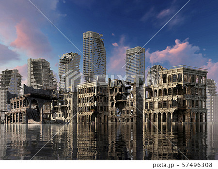 Global Warming Ruins of a city apocalyptic landscape 3d illustration concept Global Warming Ruins of a city apocalyptic landscape 3d illustration concept 57496308
