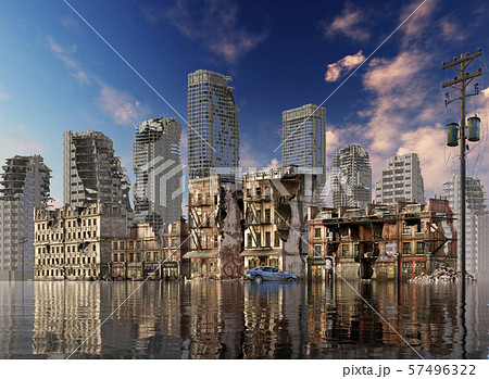Global Warming Ruins of a city apocalyptic landscape 3d illustration concept Global Warming Ruins of a city apocalyptic landscape 3d illustration concept 57496322