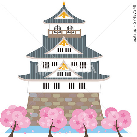 日本の城と桜。ベクター素材。 57497549