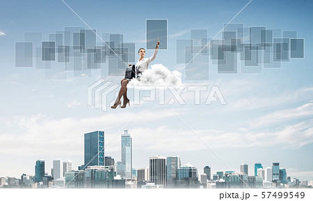 Elegant lady boss or accountant float on cloud and pointing with finger Elegant lady boss or accountant float on cloud and pointing with finger 57499549