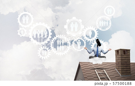 Concept of security and privacy protection with camera headed man meditating 57500188