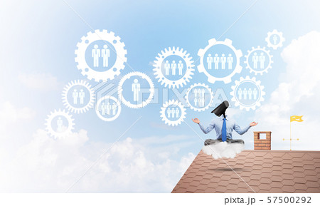 Concept of security and privacy protection with camera headed man meditating 57500292