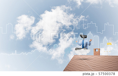 Concept of security and privacy protection with camera headed man meditating 57500378