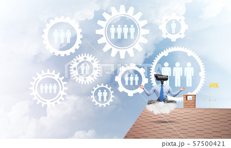 Concept of security and privacy protection with camera headed man meditating Concept of security and privacy protection with camera headed man meditating 57500421