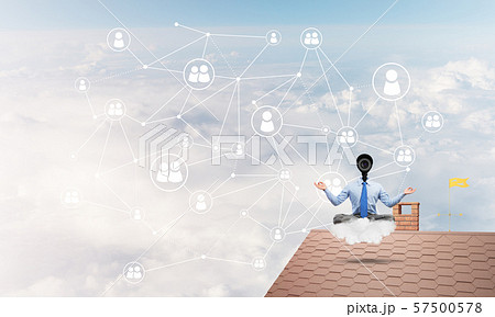 Concept of security and privacy protection with camera headed man meditating 57500578